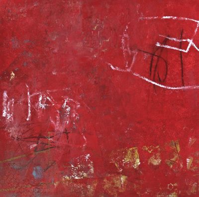 Madeline Garrett mixed media red abstract painting on panel