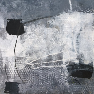 Madeline Garrett black & white urban inspired abstract painting on panel