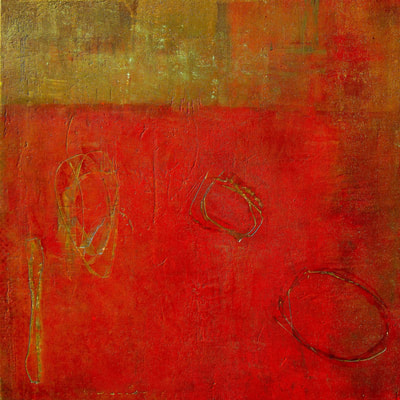 Madeline Garrett oil & cold wax with dry pigment red abstract painting on panel